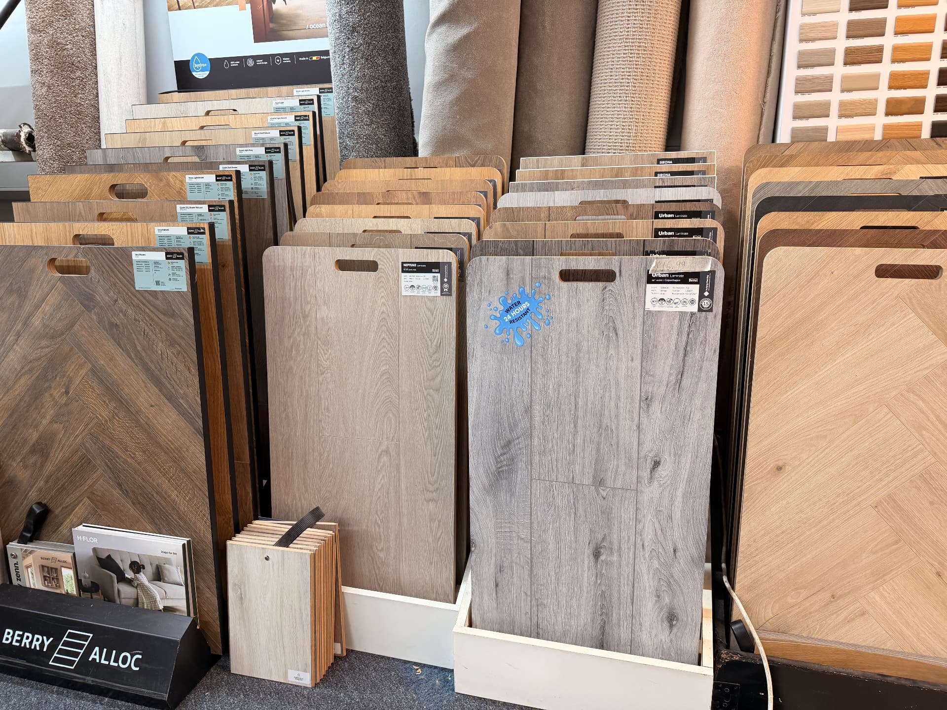 Laminate and LVT sample boards on display in the Maida Vale showroom