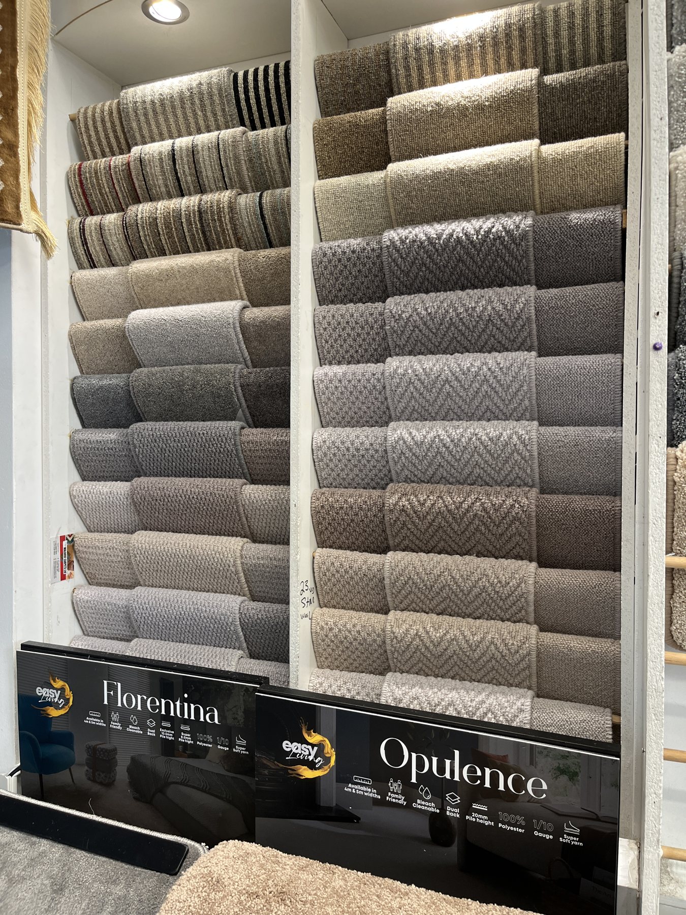 Wool carpet samples in The Waldorf Carpets showroom in Maida Vale