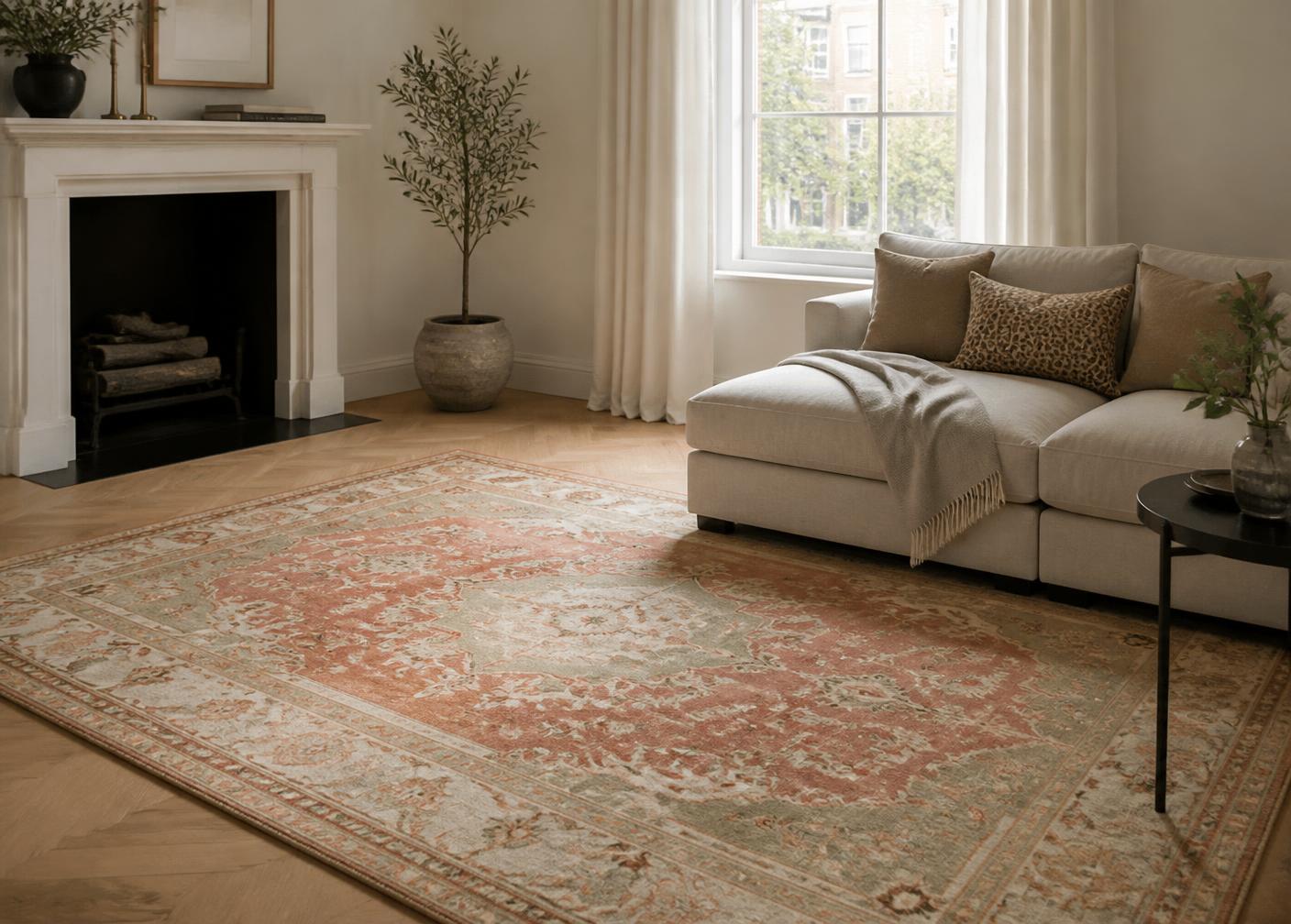 Turkish Oushak rug in soft terracotta and sage tones
